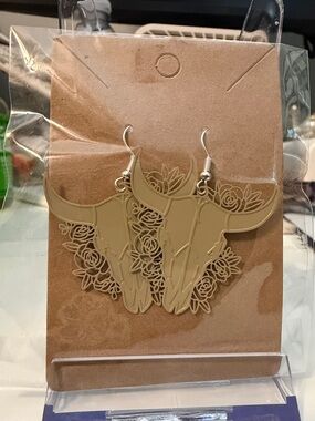 Beige Bull Skull Floral Dangle Earrings - Women's Boho Statement